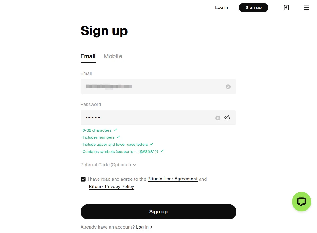 Экран создания пароля Bitunix с индикаторами требований к символам