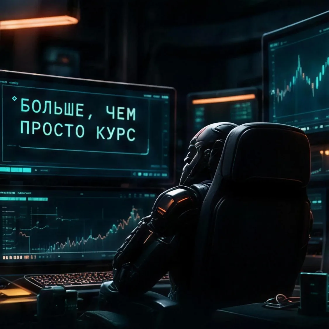 Робот-трейдер за мониторами, на экране надпись «Больше, чем просто курс»
