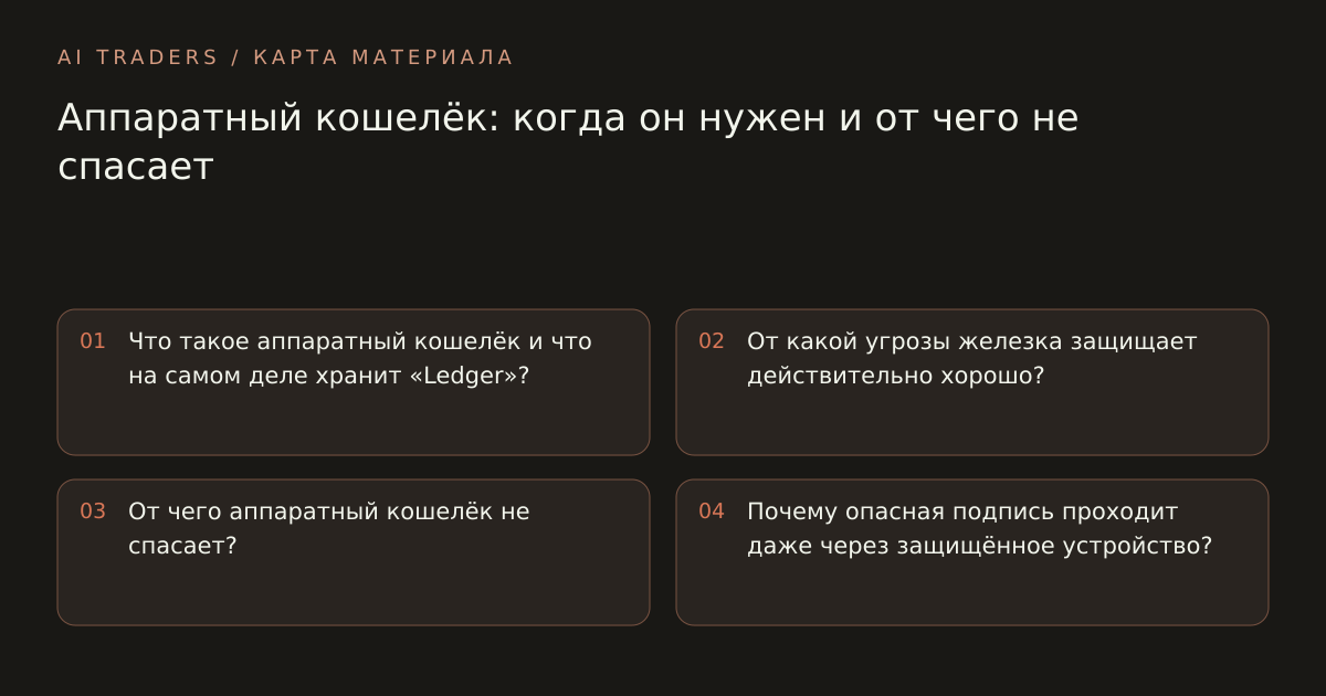 Карта статьи: Аппаратный кошелёк: когда он нужен и от чего не спасает. Что такое аппаратный кошелёк и что на самом деле хранит «Ledger»? От какой угрозы железка защищает действительно хорошо? От чего аппаратный кошелёк не спасает? Почему опасная подпись проходит даже через защищённое устройство?
