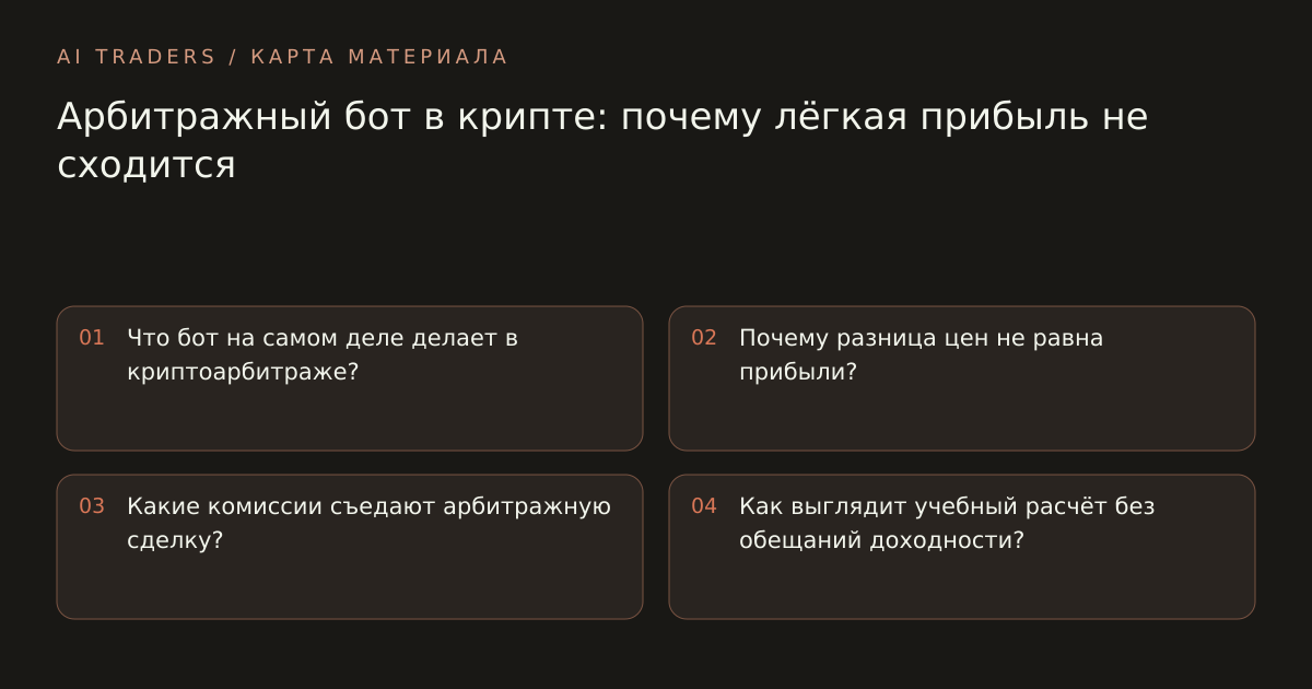 Карта статьи: Арбитражный бот в крипте: почему лёгкая прибыль не сходится. Что бот на самом деле делает в криптоарбитраже? Почему разница цен не равна прибыли? Какие комиссии съедают арбитражную сделку? Как выглядит учебный расчёт без обещаний доходности?