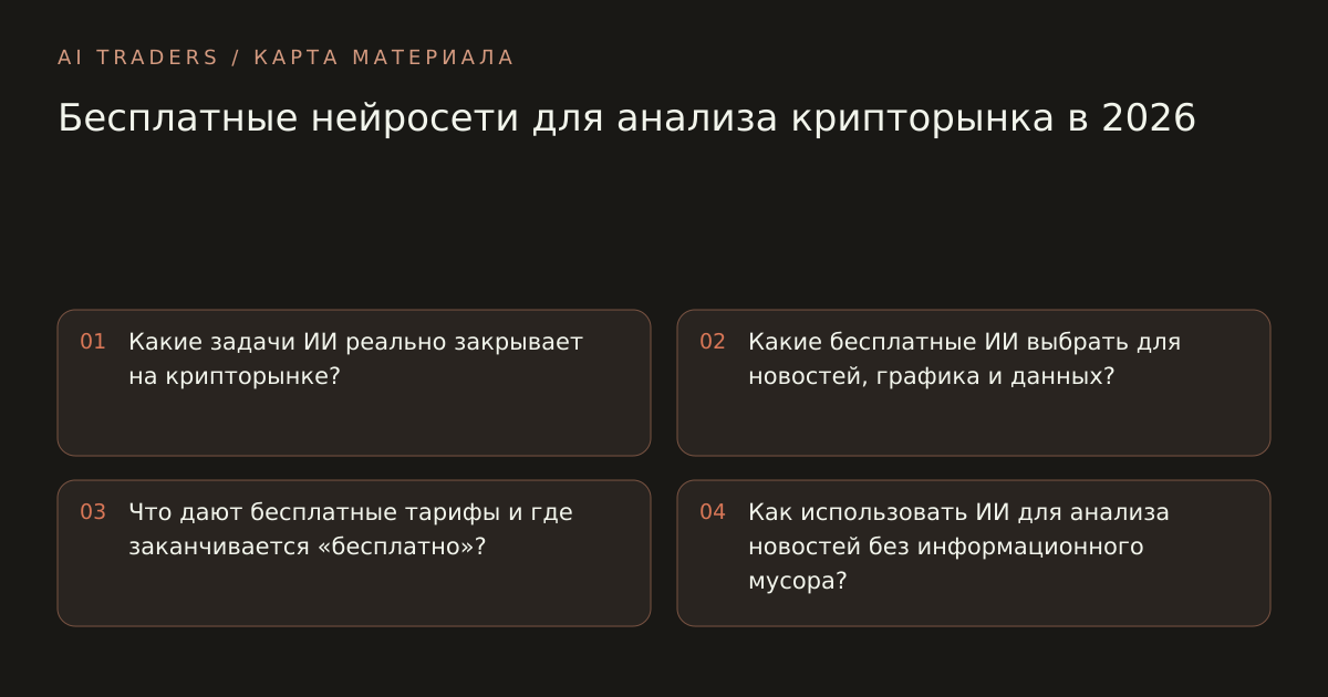 Карта статьи: Бесплатные нейросети для анализа крипторынка в 2026. Какие задачи ИИ реально закрывает на крипторынке? Какие бесплатные ИИ выбрать для новостей, графика и данных? Что дают бесплатные тарифы и где заканчивается «бесплатно»? Как использовать ИИ для анализа новостей без информационного мусора?