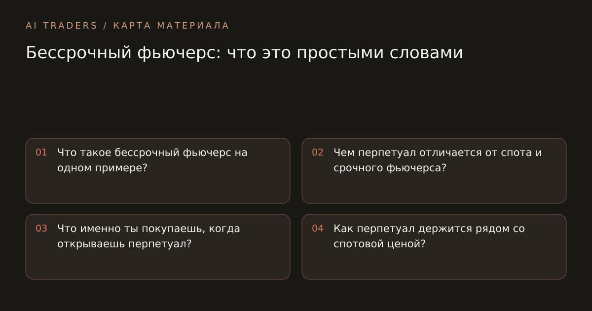 Карта статьи: Бессрочный фьючерс: что это простыми словами. Что такое бессрочный фьючерс на одном примере? Чем перпетуал отличается от спота и срочного фьючерса? Что именно ты покупаешь, когда открываешь перпетуал? Как перпетуал держится рядом со спотовой ценой?