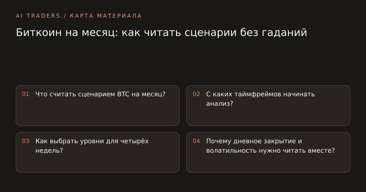 Карта статьи: Биткоин на месяц: как читать сценарии без гаданий. Что считать сценарием BTC на месяц? С каких таймфреймов начинать анализ? Как выбрать уровни для четырёх недель? Почему дневное закрытие и волатильность нужно читать вместе?