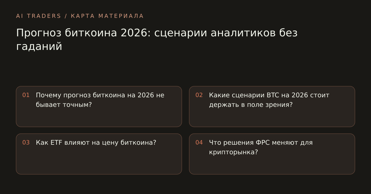 Карта статьи: Прогноз биткоина 2026: сценарии аналитиков без гаданий. Почему прогноз биткоина на 2026 не бывает точным? Какие сценарии BTC на 2026 стоит держать в поле зрения? Как ETF влияют на цену биткоина? Что решения ФРС меняют для крипторынка?