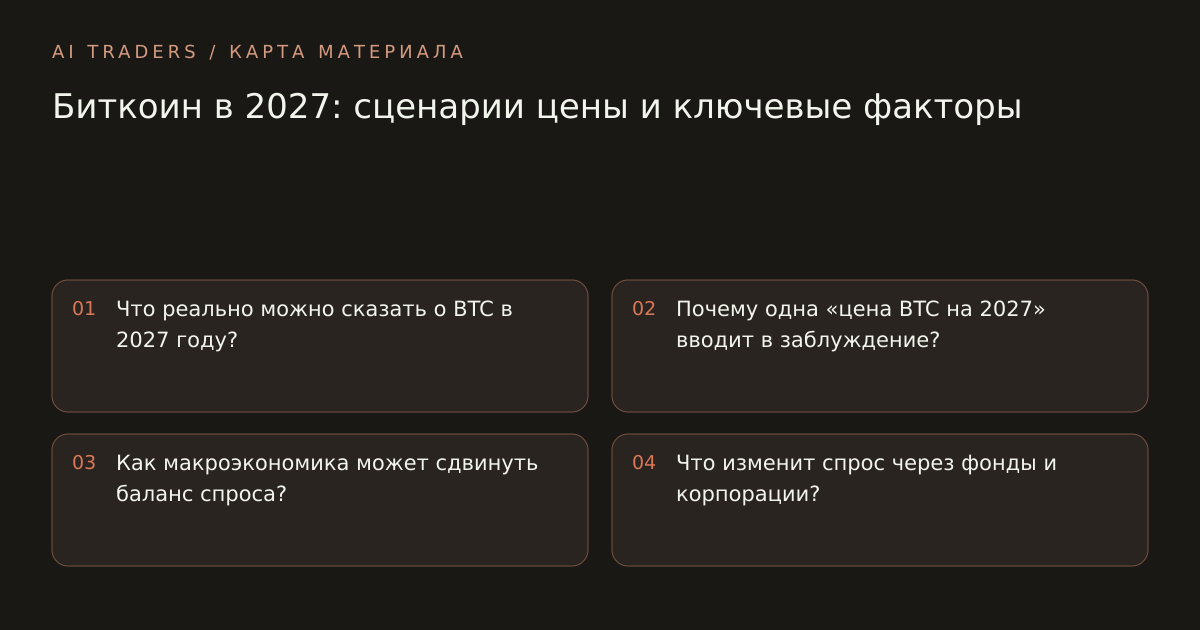 Карта статьи: Биткоин в 2027: сценарии цены и ключевые факторы. Что реально можно сказать о BTC в 2027 году? Почему одна «цена BTC на 2027» вводит в заблуждение? Как макроэкономика может сдвинуть баланс спроса? Что изменит спрос через фонды и корпорации?