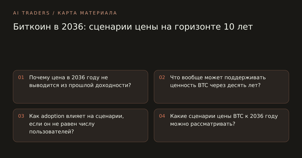 Карта статьи: Биткоин в 2036: сценарии цены на горизонте 10 лет. Почему цена в 2036 году не выводится из прошлой доходности? Что вообще может поддерживать ценность BTC через десять лет? Как adoption влияет на сценарии, если он не равен числу пользователей? Какие сценарии цены BTC к 2036 году можно рассматривать?