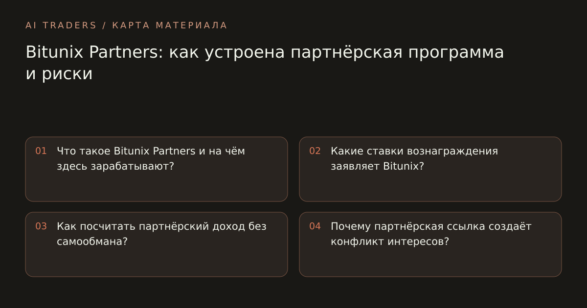 Карта статьи: Bitunix Partners: как устроена партнёрская программа и риски. Что такое Bitunix Partners и на чём здесь зарабатывают? Какие ставки вознаграждения заявляет Bitunix? Как посчитать партнёрский доход без самообмана? Почему партнёрская ссылка создаёт конфликт интересов?
