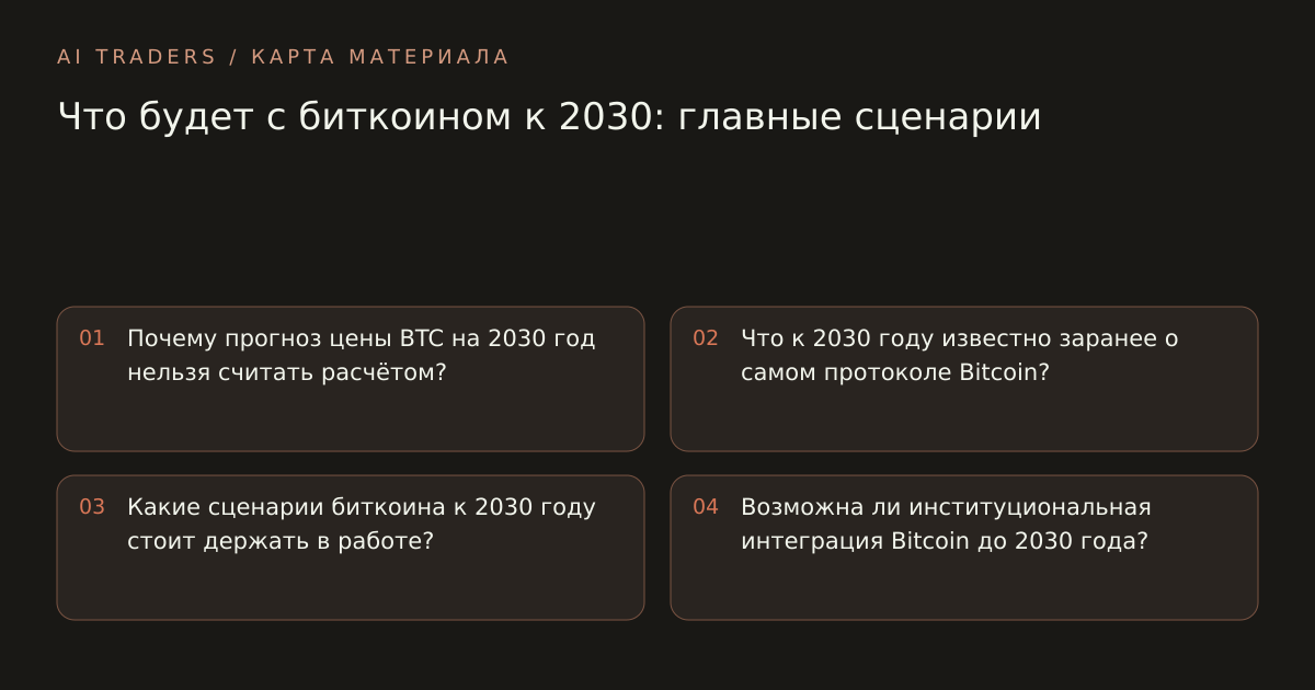 Карта статьи: Что будет с биткоином к 2030: главные сценарии. Почему прогноз цены BTC на 2030 год нельзя считать расчётом? Что к 2030 году известно заранее о самом протоколе Bitcoin? Какие сценарии биткоина к 2030 году стоит держать в работе? Возможна ли институциональная интеграция Bitcoin до 2030 года?