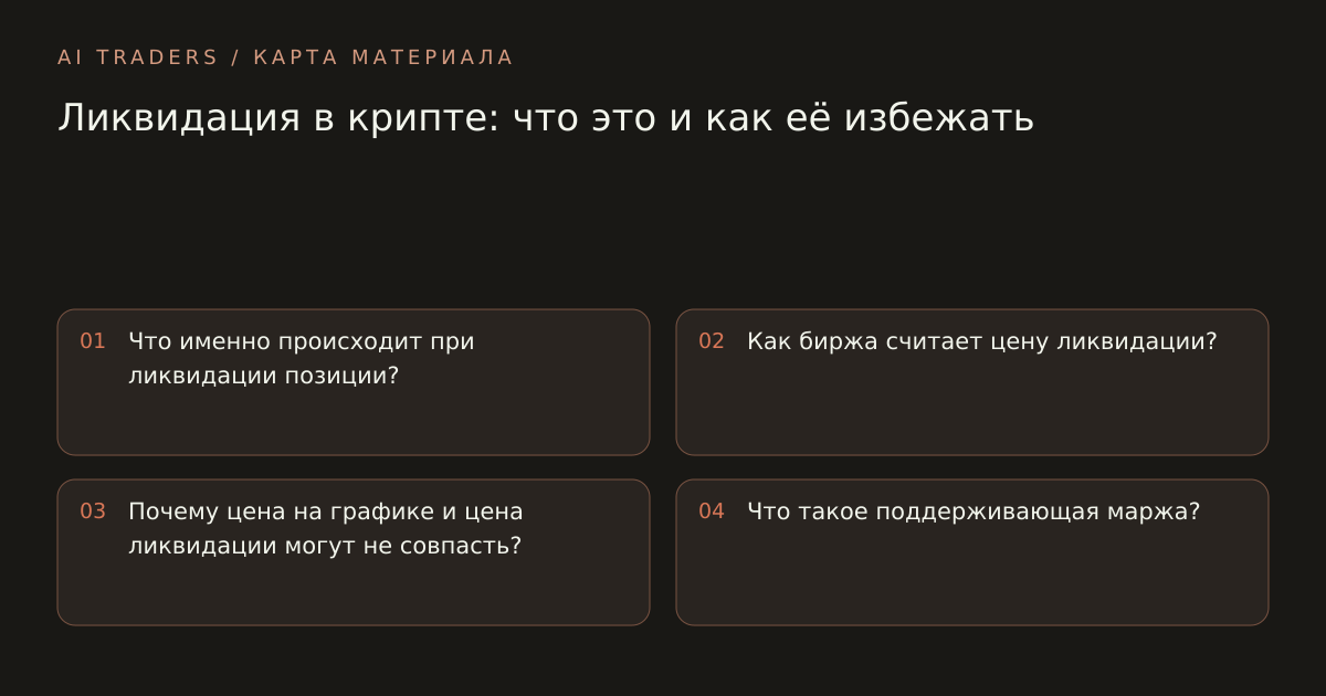 Карта статьи: Ликвидация в крипте: что это и как её избежать. Что именно происходит при ликвидации позиции? Как биржа считает цену ликвидации? Почему цена на графике и цена ликвидации могут не совпасть? Что такое поддерживающая маржа?
