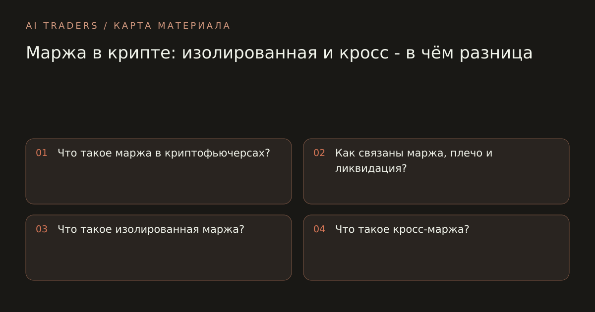 Карта статьи: Маржа в крипте: изолированная и кросс - в чём разница. Что такое маржа в криптофьючерсах? Как связаны маржа, плечо и ликвидация? Что такое изолированная маржа? Что такое кросс-маржа?