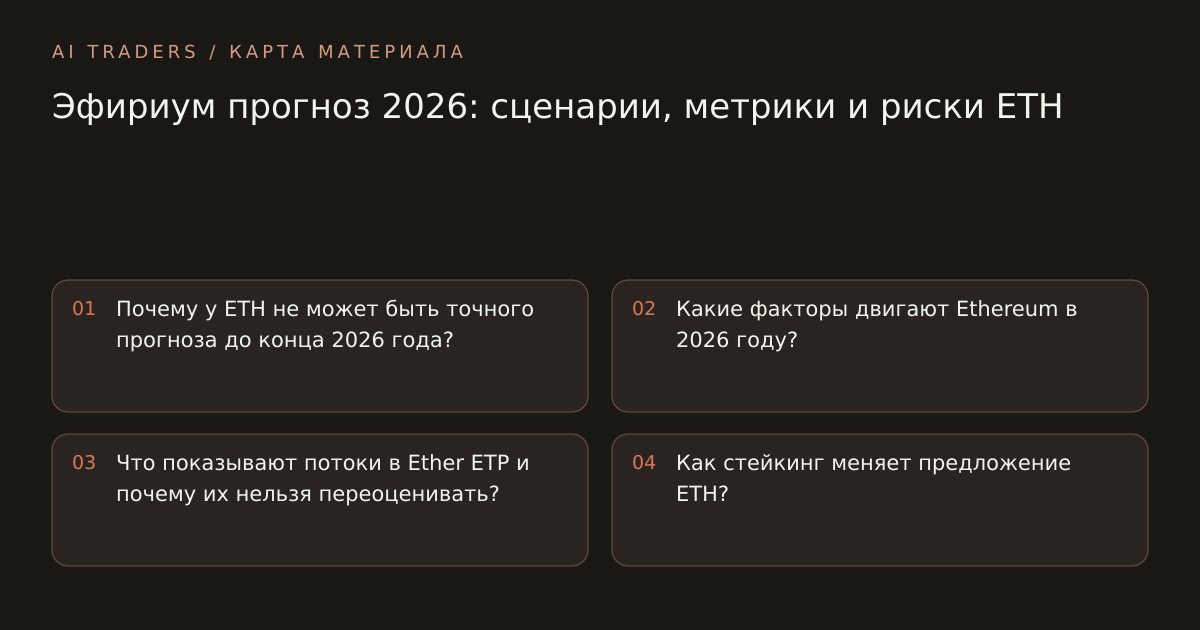 Карта статьи: Эфириум прогноз 2026: сценарии, метрики и риски ETH. Почему у ETH не может быть точного прогноза до конца 2026 года? Какие факторы двигают Ethereum в 2026 году? Что показывают потоки в Ether ETP и почему их нельзя переоценивать? Как стейкинг меняет предложение ETH?