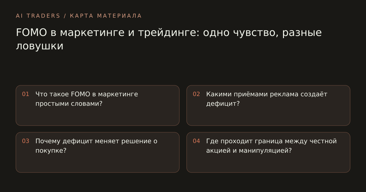 Карта статьи: FOMO в маркетинге и трейдинге: одно чувство, разные ловушки. Что такое FOMO в маркетинге простыми словами? Какими приёмами реклама создаёт дефицит? Почему дефицит меняет решение о покупке? Где проходит граница между честной акцией и манипуляцией?