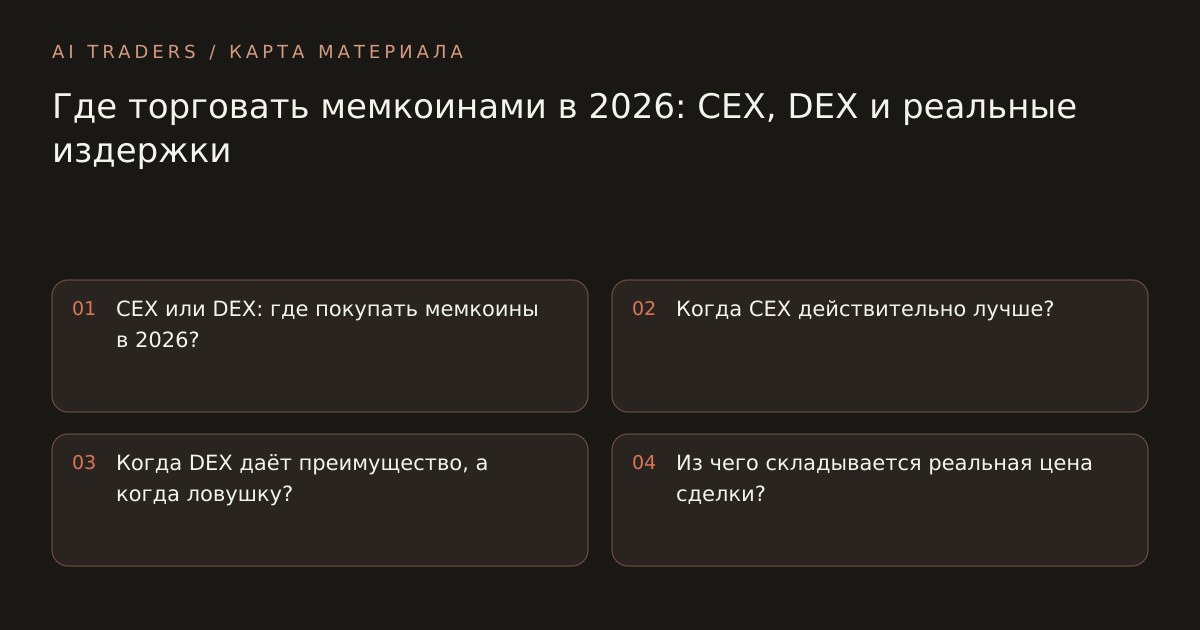 Карта статьи: Где торговать мемкоинами в 2026: CEX, DEX и реальные издержки. CEX или DEX: где покупать мемкоины в 2026? Когда CEX действительно лучше? Когда DEX даёт преимущество, а когда ловушку? Из чего складывается реальная цена сделки?
