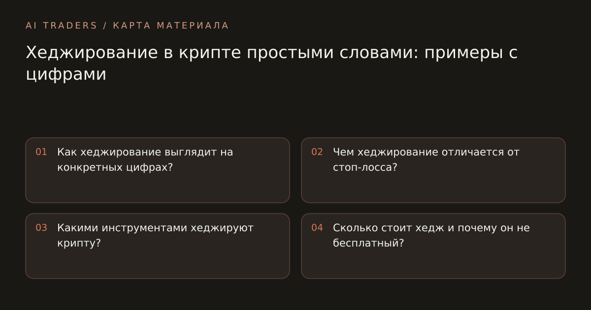 Карта статьи: Хеджирование в крипте простыми словами: примеры с цифрами. Как хеджирование выглядит на конкретных цифрах? Чем хеджирование отличается от стоп-лосса? Какими инструментами хеджируют крипту? Сколько стоит хедж и почему он не бесплатный?