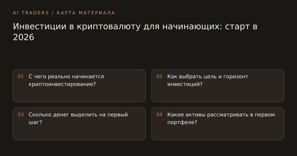 Карта статьи: Инвестиции в криптовалюту для начинающих: старт в 2026. С чего реально начинается криптоинвестирование? Как выбрать цель и горизонт инвестиций? Сколько денег выделить на первый шаг? Какие активы рассматривать в первом портфеле?