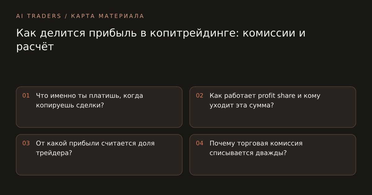 Карта статьи: Как делится прибыль в копитрейдинге: комиссии и расчёт. Что именно ты платишь, когда копируешь сделки? Как работает profit share и кому уходит эта сумма? От какой прибыли считается доля трейдера? Почему торговая комиссия списывается дважды?