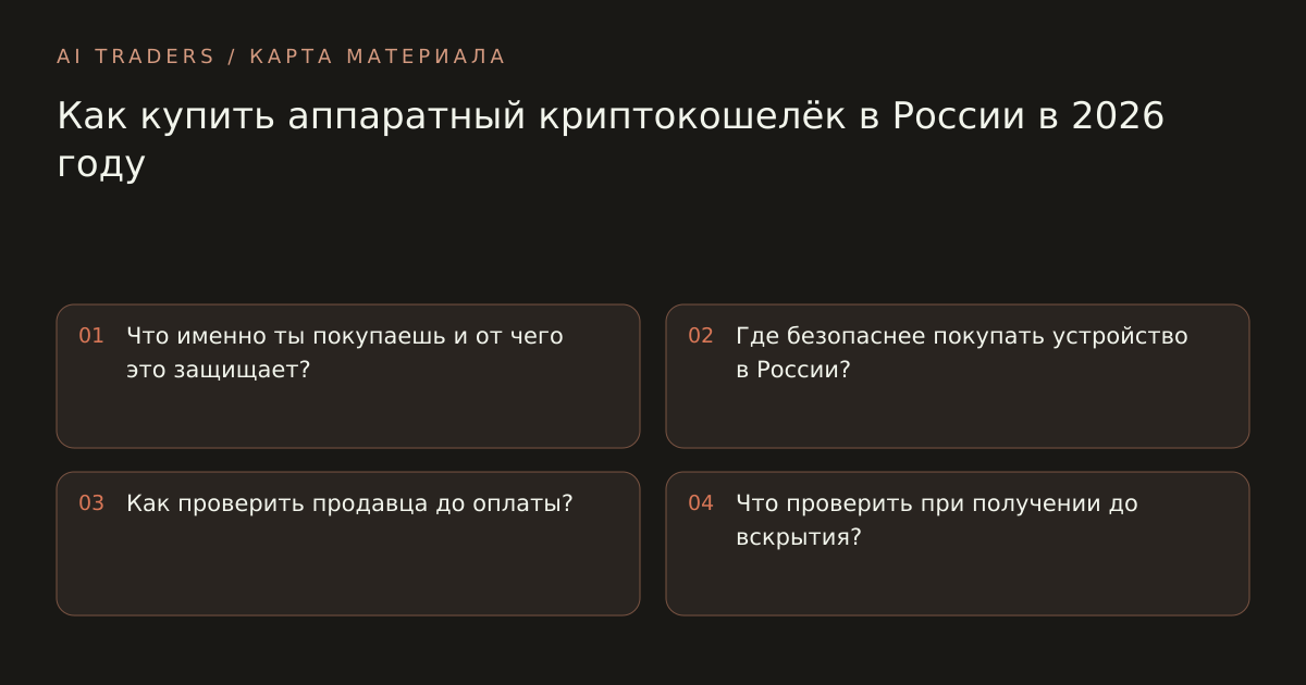 Карта статьи: Как купить аппаратный криптокошелёк в России в 2026 году. Что именно ты покупаешь и от чего это защищает? Где безопаснее покупать устройство в России? Как проверить продавца до оплаты? Что проверить при получении до вскрытия?