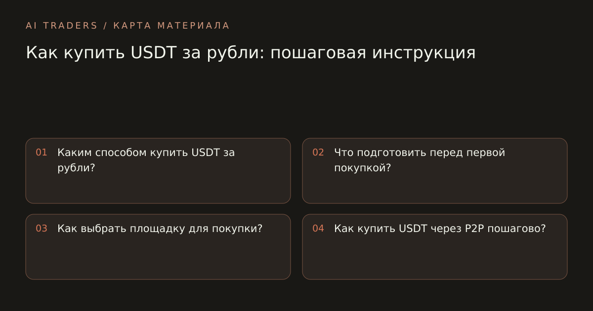 Карта статьи: Как купить USDT за рубли: пошаговая инструкция. Каким способом купить USDT за рубли? Что подготовить перед первой покупкой? Как выбрать площадку для покупки? Как купить USDT через P2P пошагово?