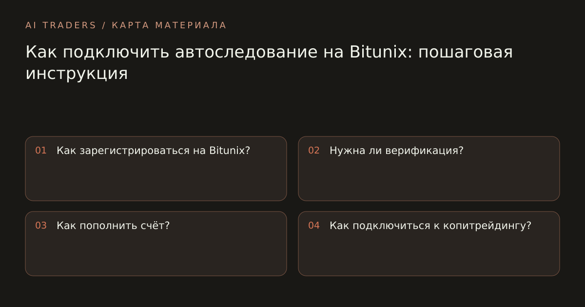 Карта статьи: Как подключить автоследование на Bitunix: пошаговая инструкция. Как зарегистрироваться на Bitunix? Нужна ли верификация? Как пополнить счёт? Как подключиться к копитрейдингу?