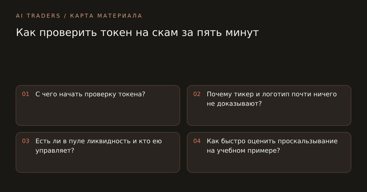 Карта статьи: Как проверить токен на скам за пять минут. С чего начать проверку токена? Почему тикер и логотип почти ничего не доказывают? Есть ли в пуле ликвидность и кто ею управляет? Как быстро оценить проскальзывание на учебном примере?