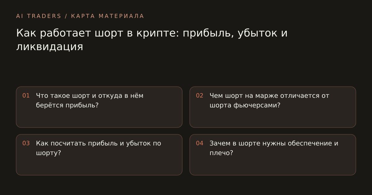 Карта статьи: Как работает шорт в крипте: прибыль, убыток и ликвидация. Что такое шорт и откуда в нём берётся прибыль? Чем шорт на марже отличается от шорта фьючерсами? Как посчитать прибыль и убыток по шорту? Зачем в шорте нужны обеспечение и плечо?