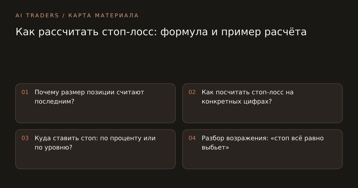 Карта статьи: Как рассчитать стоп-лосс: формула и пример расчёта. Почему размер позиции считают последним? Как посчитать стоп-лосс на конкретных цифрах? Куда ставить стоп: по проценту или по уровню? Разбор возражения: «стоп всё равно выбьет»