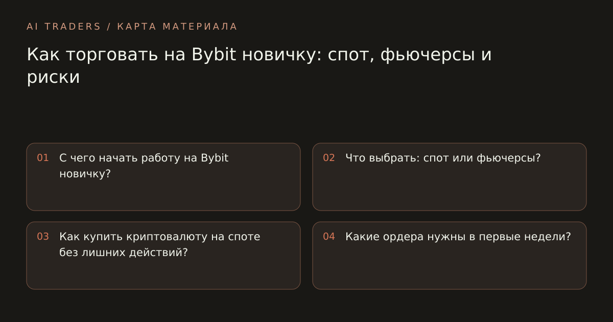 Карта статьи: Как торговать на Bybit новичку: спот, фьючерсы и риски. С чего начать работу на Bybit новичку? Что выбрать: спот или фьючерсы? Как купить криптовалюту на споте без лишних действий? Какие ордера нужны в первые недели?