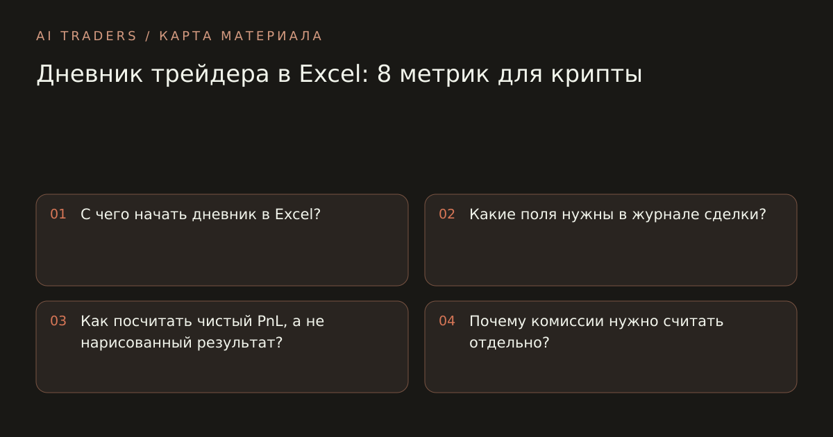 Карта статьи: Дневник трейдера в Excel: 8 метрик для крипты. С чего начать дневник в Excel? Какие поля нужны в журнале сделки? Как посчитать чистый PnL, а не нарисованный результат? Почему комиссии нужно считать отдельно?