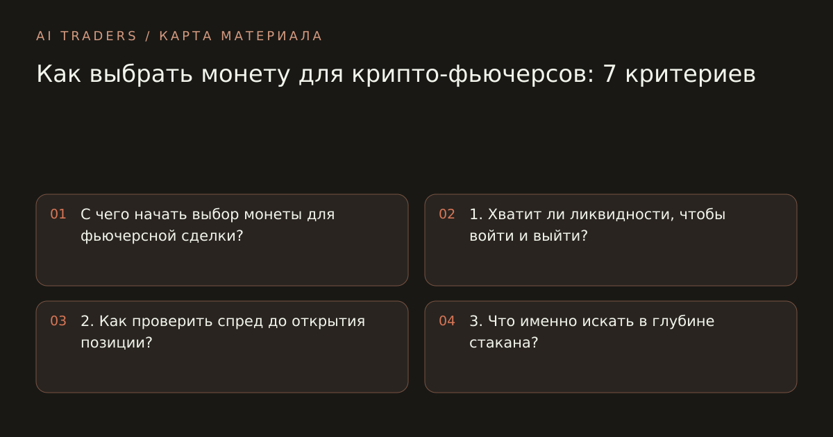 Карта статьи: Как выбрать монету для крипто-фьючерсов: 7 критериев. С чего начать выбор монеты для фьючерсной сделки? 1. Хватит ли ликвидности, чтобы войти и выйти? 2. Как проверить спред до открытия позиции? 3. Что именно искать в глубине стакана?