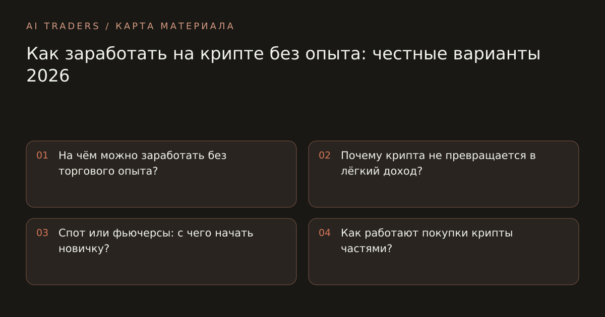 Карта статьи: Как заработать на крипте без опыта: честные варианты 2026. На чём можно заработать без торгового опыта? Почему крипта не превращается в лёгкий доход? Спот или фьючерсы: с чего начать новичку? Как работают покупки крипты частями?