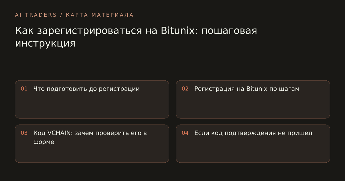 Карта статьи: Как зарегистрироваться на Bitunix: пошаговая инструкция. Что подготовить до регистрации Регистрация на Bitunix по шагам Код VCHAIN: зачем проверить его в форме Если код подтверждения не пришел