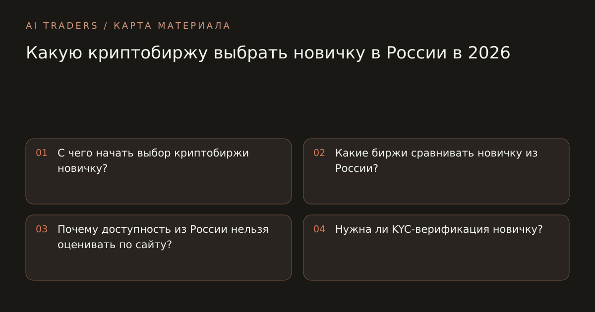 Карта статьи: Какую криптобиржу выбрать новичку в России в 2026. С чего начать выбор криптобиржи новичку? Какие биржи сравнивать новичку из России? Почему доступность из России нельзя оценивать по сайту? Нужна ли KYC-верификация новичку?