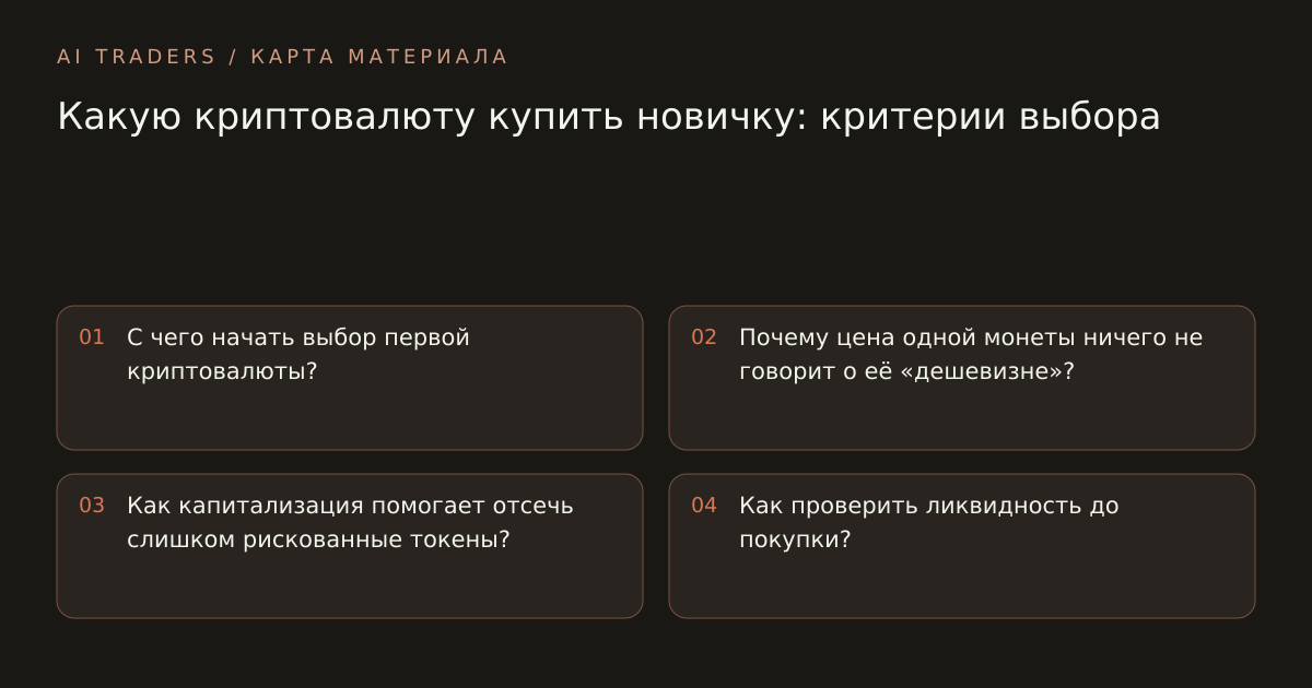 Карта статьи: Какую криптовалюту купить новичку: критерии выбора. С чего начать выбор первой криптовалюты? Почему цена одной монеты ничего не говорит о её «дешевизне»? Как капитализация помогает отсечь слишком рискованные токены? Как проверить ликвидность до покупки?