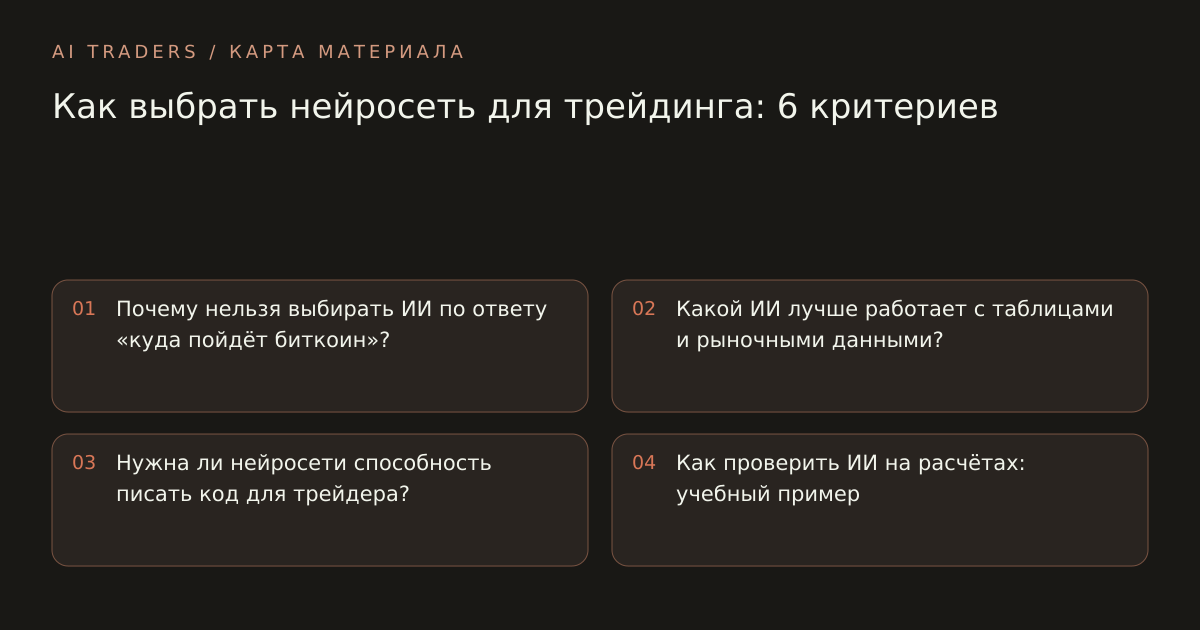 Карта статьи: Как выбрать нейросеть для трейдинга: 6 критериев. Почему нельзя выбирать ИИ по ответу «куда пойдёт биткоин»? Какой ИИ лучше работает с таблицами и рыночными данными? Нужна ли нейросети способность писать код для трейдера? Как проверить ИИ на расчётах: учебный пример