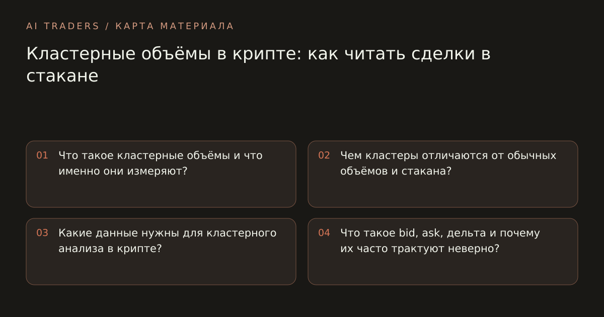 Карта статьи: Кластерные объёмы в крипте: как читать сделки в стакане. Что такое кластерные объёмы и что именно они измеряют? Чем кластеры отличаются от обычных объёмов и стакана? Какие данные нужны для кластерного анализа в крипте? Что такое bid, ask, дельта и почему их часто трактуют неверно?