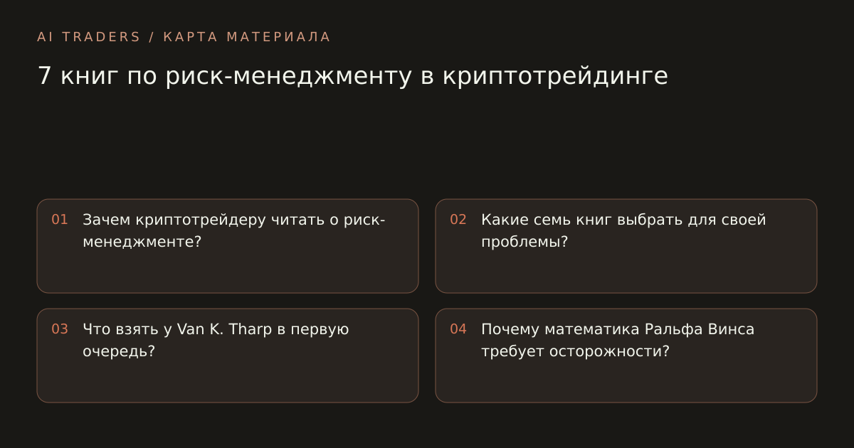 Карта статьи: 7 книг по риск-менеджменту в криптотрейдинге. Зачем криптотрейдеру читать о риск-менеджменте? Какие семь книг выбрать для своей проблемы? Что взять у Van K. Tharp в первую очередь? Почему математика Ральфа Винса требует осторожности?