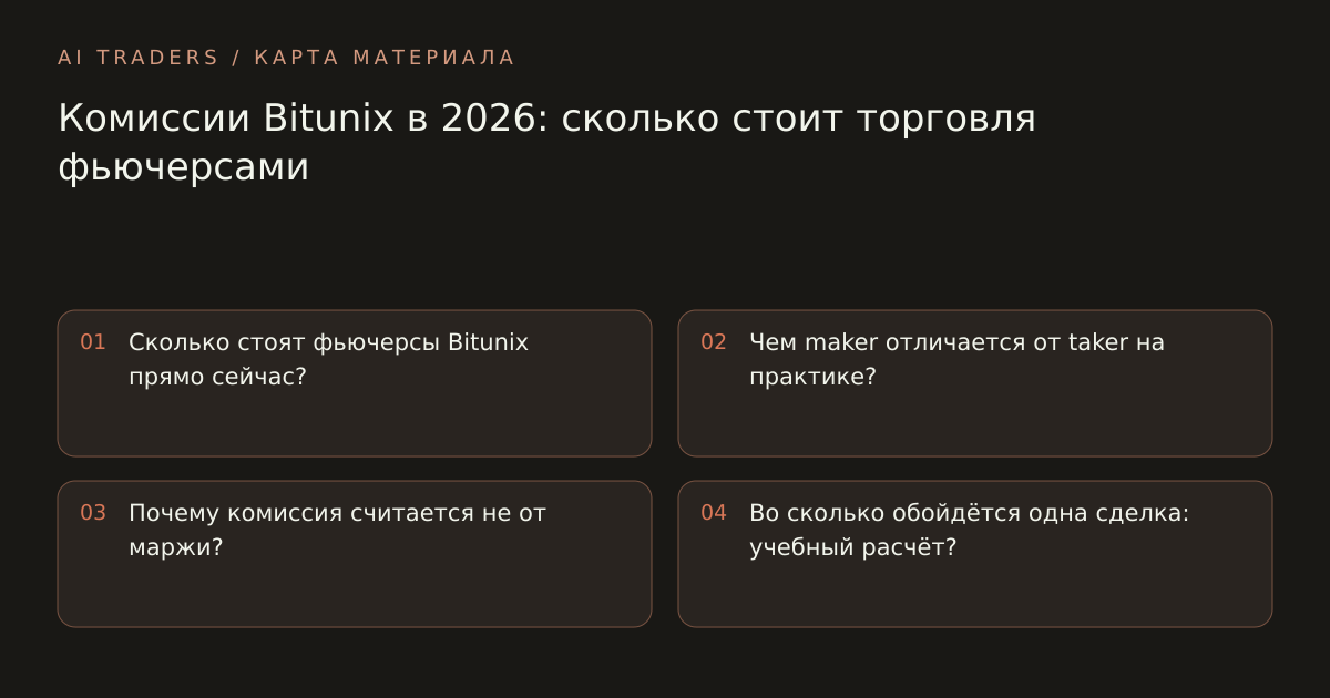 Карта статьи: Комиссии Bitunix в 2026: сколько стоит торговля фьючерсами. Сколько стоят фьючерсы Bitunix прямо сейчас? Чем maker отличается от taker на практике? Почему комиссия считается не от маржи? Во сколько обойдётся одна сделка: учебный расчёт?