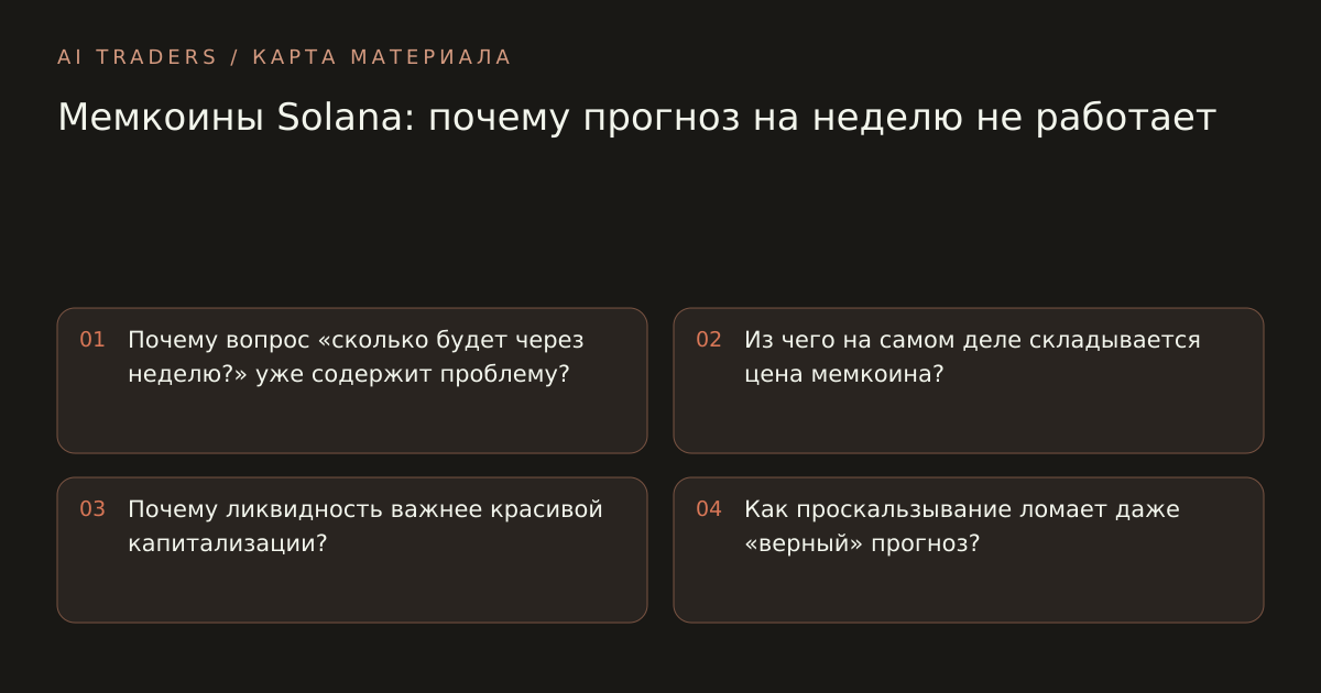 Карта статьи: Мемкоины Solana: почему прогноз на неделю не работает. Почему вопрос «сколько будет через неделю?» уже содержит проблему? Из чего на самом деле складывается цена мемкоина? Почему ликвидность важнее красивой капитализации? Как проскальзывание ломает даже «верный» прогноз?
