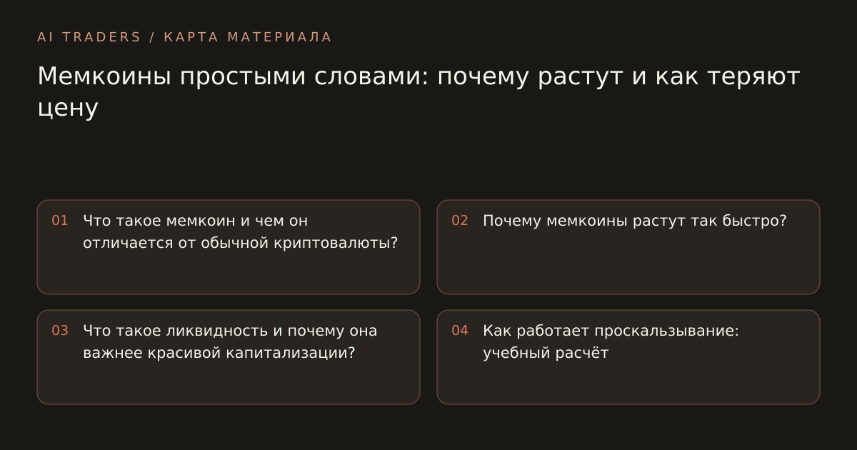Карта статьи: Мемкоины простыми словами: почему растут и как теряют цену. Что такое мемкоин и чем он отличается от обычной криптовалюты? Почему мемкоины растут так быстро? Что такое ликвидность и почему она важнее красивой капитализации? Как работает проскальзывание: учебный расчёт