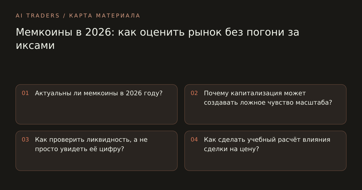 Карта статьи: Мемкоины в 2026: как оценить рынок без погони за иксами. Актуальны ли мемкоины в 2026 году? Почему капитализация может создавать ложное чувство масштаба? Как проверить ликвидность, а не просто увидеть её цифру? Как сделать учебный расчёт влияния сделки на цену?