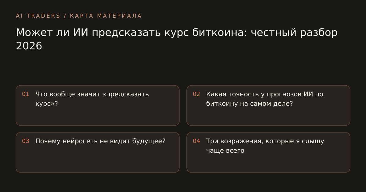 Карта статьи: Может ли ИИ предсказать курс биткоина: честный разбор 2026. Что вообще значит «предсказать курс»? Какая точность у прогнозов ИИ по биткоину на самом деле? Почему нейросеть не видит будущее? Три возражения, которые я слышу чаще всего