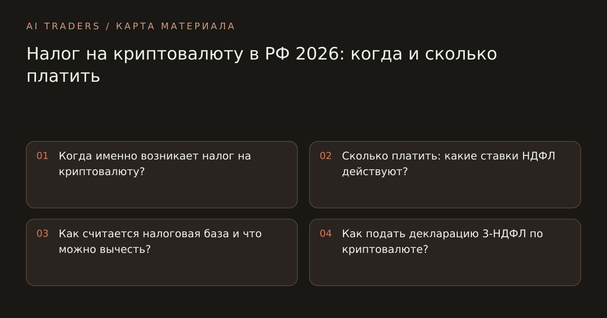 Карта статьи: Налог на криптовалюту в РФ 2026: когда и сколько платить. Когда именно возникает налог на криптовалюту? Сколько платить: какие ставки НДФЛ действуют? Как считается налоговая база и что можно вычесть? Как подать декларацию 3-НДФЛ по криптовалюте?
