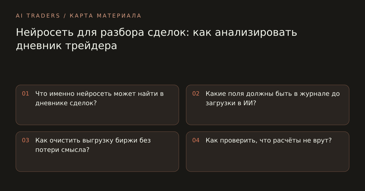 Карта статьи: Нейросеть для разбора сделок: как анализировать дневник трейдера. Что именно нейросеть может найти в дневнике сделок? Какие поля должны быть в журнале до загрузки в ИИ? Как очистить выгрузку биржи без потери смысла? Как проверить, что расчёты не врут?