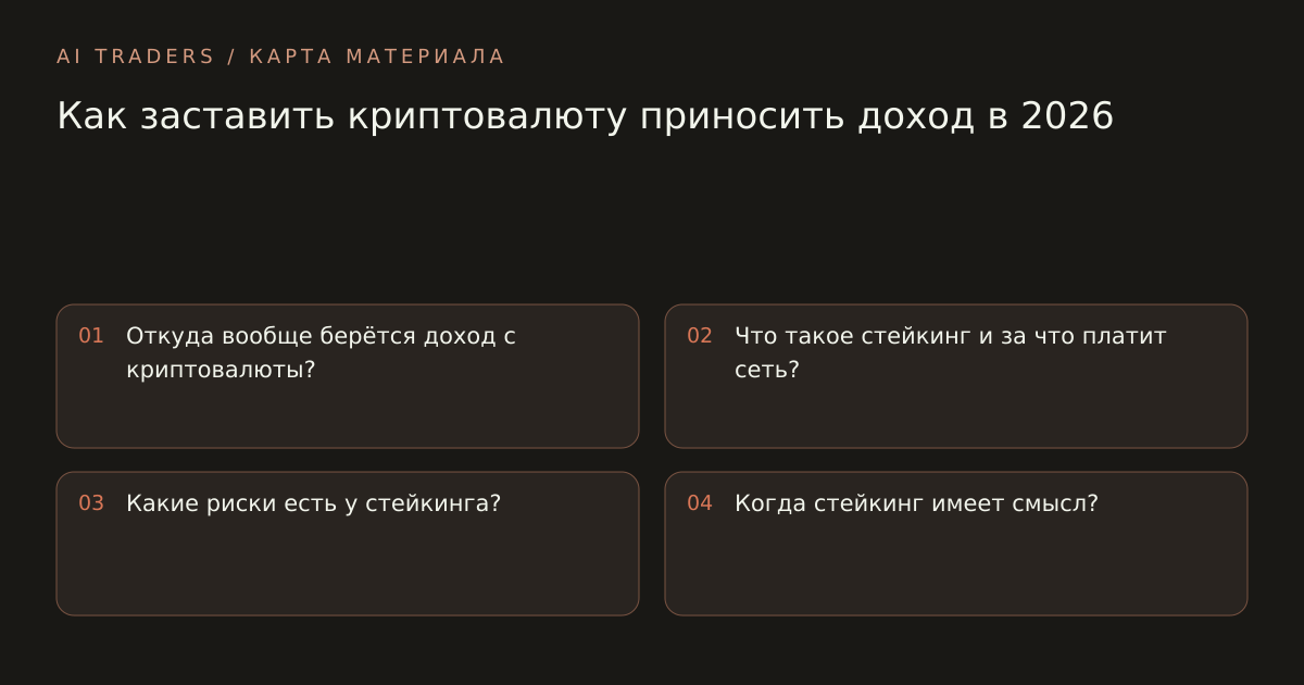 Карта статьи: Как заставить криптовалюту приносить доход в 2026. Откуда вообще берётся доход с криптовалюты? Что такое стейкинг и за что платит сеть? Какие риски есть у стейкинга? Когда стейкинг имеет смысл?