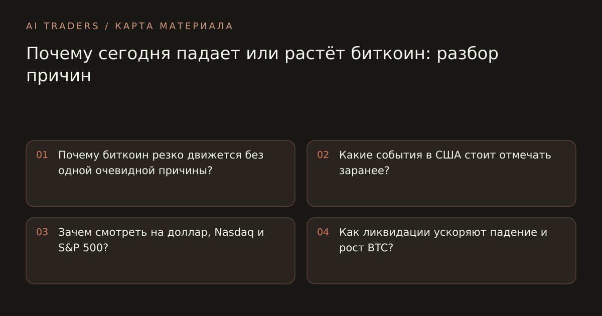 Карта статьи: Почему сегодня падает или растёт биткоин: разбор причин. Почему биткоин резко движется без одной очевидной причины? Какие события в США стоит отмечать заранее? Зачем смотреть на доллар, Nasdaq и S&P 500? Как ликвидации ускоряют падение и рост BTC?