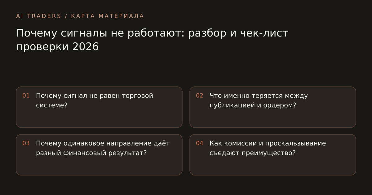 Карта статьи: Почему сигналы не работают: разбор и чек-лист проверки 2026. Почему сигнал не равен торговой системе? Что именно теряется между публикацией и ордером? Почему одинаковое направление даёт разный финансовый результат? Как комиссии и проскальзывание съедают преимущество?
