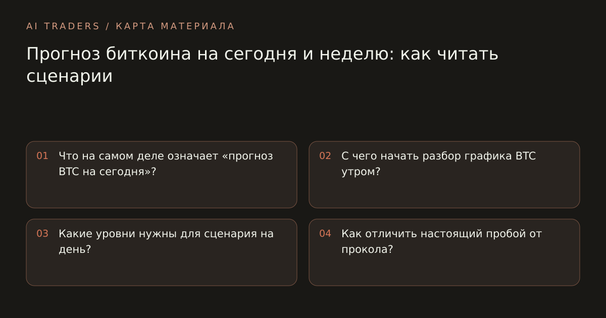 Карта статьи: Прогноз биткоина на сегодня и неделю: как читать сценарии. Что на самом деле означает «прогноз BTC на сегодня»? С чего начать разбор графика BTC утром? Какие уровни нужны для сценария на день? Как отличить настоящий пробой от прокола?