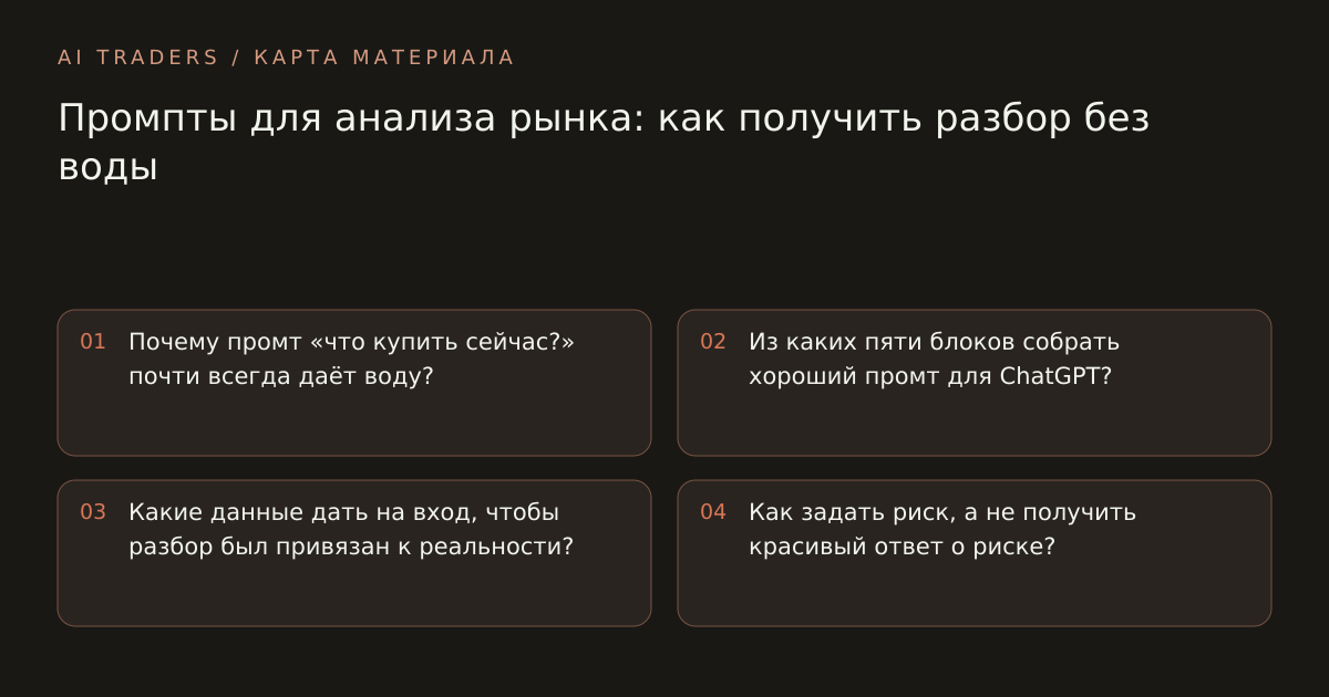 Карта статьи: Промпты для анализа рынка: как получить разбор без воды. Почему промт «что купить сейчас?» почти всегда даёт воду? Из каких пяти блоков собрать хороший промт для ChatGPT? Какие данные дать на вход, чтобы разбор был привязан к реальности? Как задать риск, а не получить красивый ответ о риске?