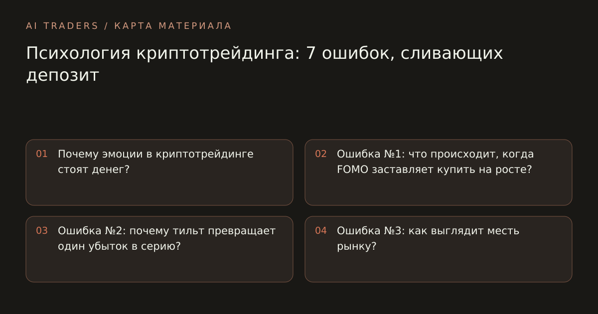 Карта статьи: Психология криптотрейдинга: 7 ошибок, сливающих депозит. Почему эмоции в криптотрейдинге стоят денег? Ошибка №1: что происходит, когда FOMO заставляет купить на росте? Ошибка №2: почему тильт превращает один убыток в серию? Ошибка №3: как выглядит месть рынку?