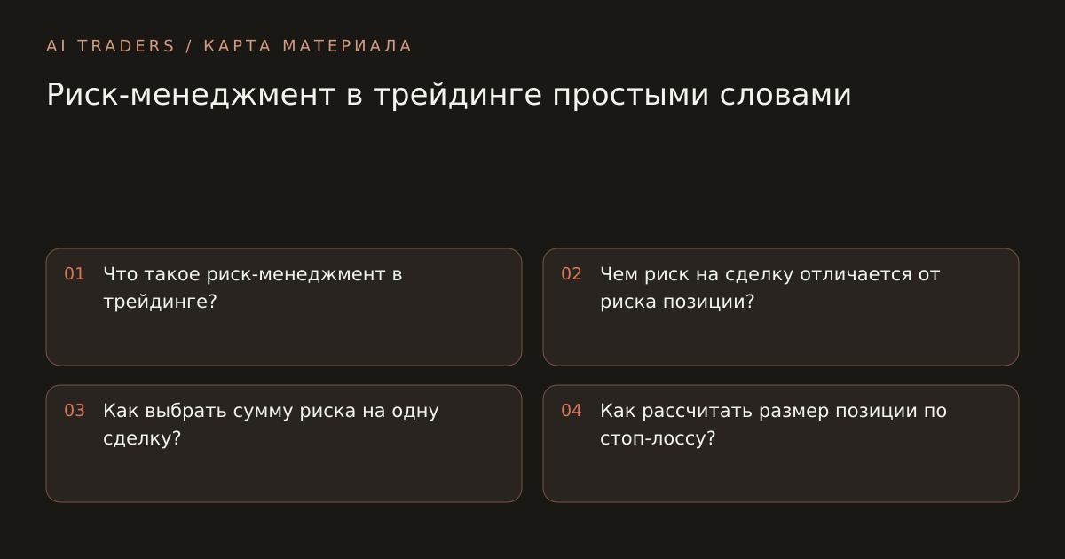 Карта статьи: Риск-менеджмент в трейдинге простыми словами. Что такое риск-менеджмент в трейдинге? Чем риск на сделку отличается от риска позиции? Как выбрать сумму риска на одну сделку? Как рассчитать размер позиции по стоп-лоссу?